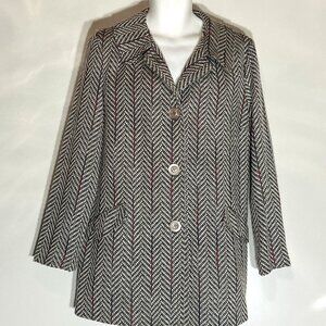 R-Q-T SZ L Gray Herringbone Tweed Wool Blend Coat Preppy Classic Essential